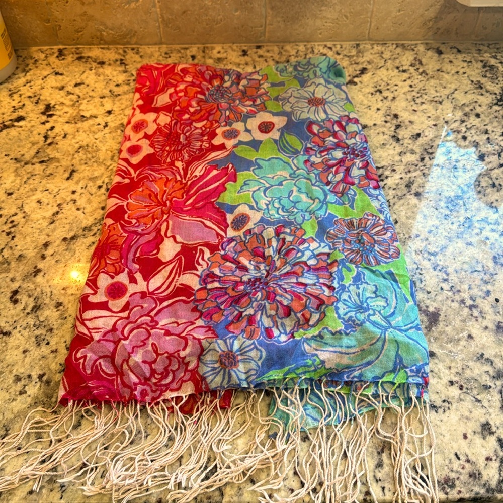Lily Pulitzer light blue/red tassel scarf
